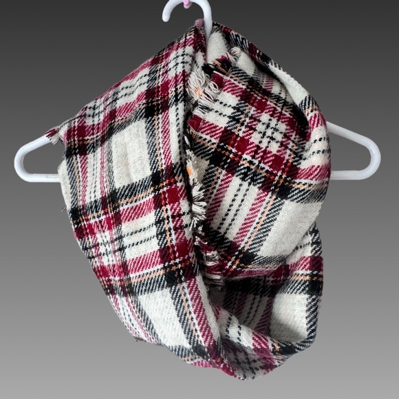 Reversible Plaid Infinity Scarf with Fringe Trim Autumn Colors - Picture 2 of 2